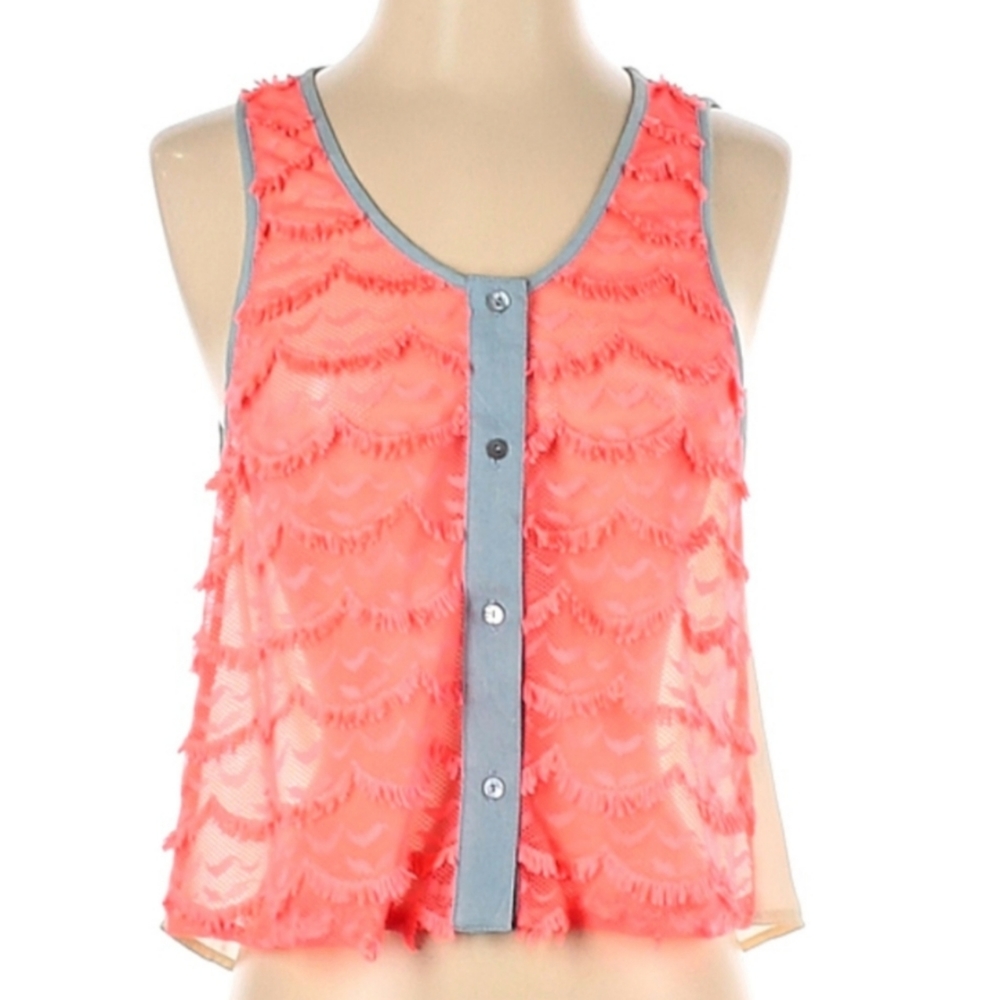 Double Zero Pink Neon Sheer Scalloped Fringe Layer Tank Top